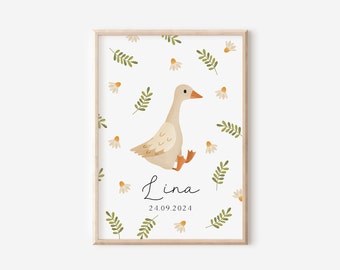 May include: A watercolor illustration of a white goose with orange feet, surrounded by green leaves and white flowers. The text "Lina 24.09.2024" is written below the goose.