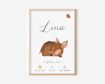 Birth poster deer - personalized gift for birth - poster children's room for birth - birth board gift idea baptism