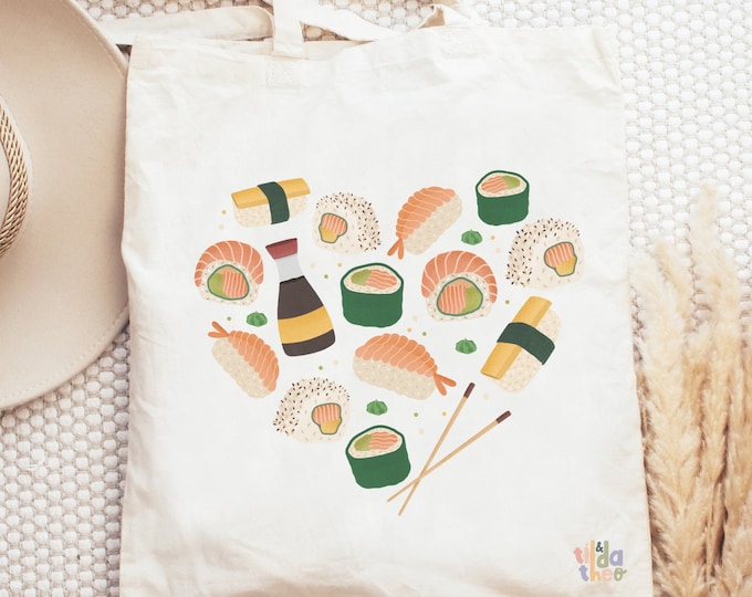 Stofftasche Sushi Herz Nigiri Jutebeutel - Einkaufstasche Sushi - Geschenk Jutetasche Sushilover Geschenk - Geschenkidee Sushimotiv
