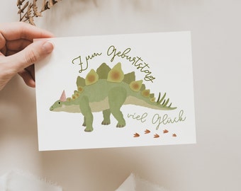 Dino Geburtstagskarte für Kinder - Dinosaurier Postkarte zum Geburtstag - Dino Party Stegosaurus Karte - Dino "Zum Geburtstag viel Glück"