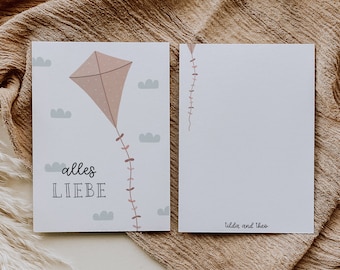 Postkarte Alles Liebe "Drachen" - A6 Postkarte zum Geburtstag - Glückwunschkarte Drachen steigen - Postkarte für Kinder