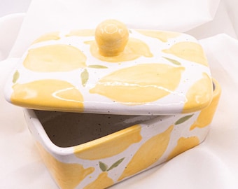 Butter dish lemon hand-painted storage box lemon branches - ceramic box gift butter box gift lime with lid