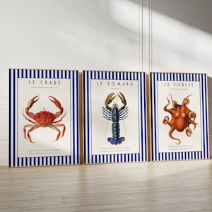Ensemble de 3 Affiche Vintage Crabe, Homard, Poulpe | Set of 3 Vintage Crab, Lobster, Octopus Posters | Affiche décoration | Wall Art