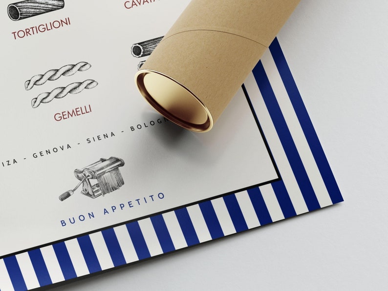 May include: A white poster with blue and white stripes at the bottom. The poster features illustrations of different types of pasta, including tortiglioni and gemelli. The poster also includes the text "BUON APPETITO" and the names of Italian cities.