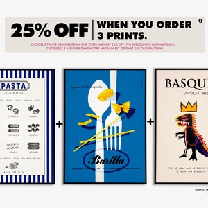May include: Three printable wall art designs. The first design is a blue and white striped poster with a list of different types of pasta in Italian. The second design is a blue poster with a fork and spoon with pasta on top. The third design is a beige poster with a black and red dinosaur with a crown on its head. The text "BASQUIAT" and "UNTITLED 1982" are at the top of the poster. The text "ART IS HOW WE DECORATE SPACE, MUSIC IS HOW WE DECORATE TIME" is at the bottom of the poster.