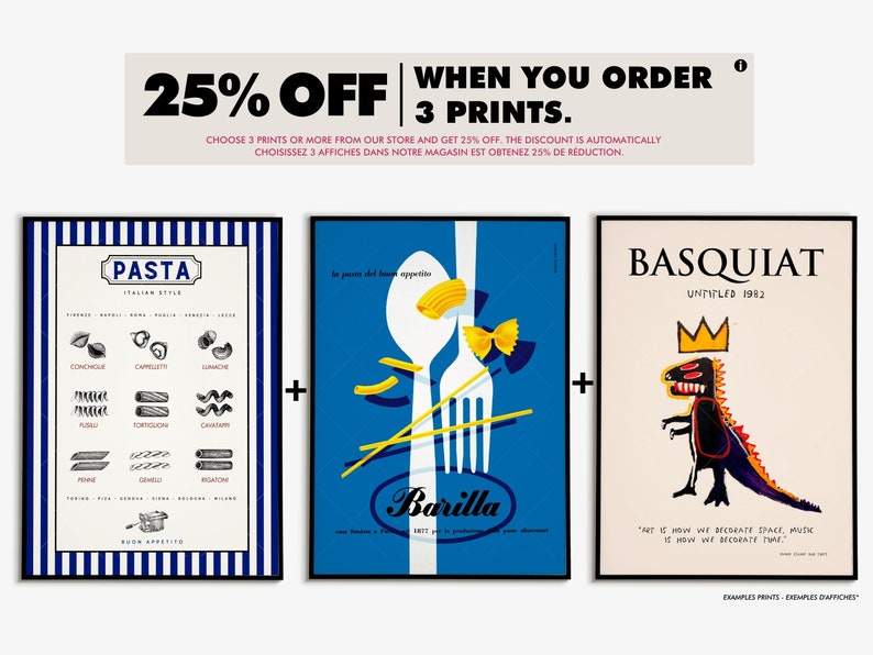 May include: Three printable wall art designs. The first design is a blue and white striped poster with a list of different types of pasta in Italian. The second design is a blue poster with a fork and spoon with pasta on top. The third design is a beige poster with a black and red dinosaur with a crown on its head. The text "BASQUIAT" and "UNTITLED 1982" are at the top of the poster. The text "ART IS HOW WE DECORATE SPACE, MUSIC IS HOW WE DECORATE TIME" is at the bottom of the poster.