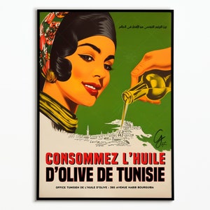Poster vintage di olio d'oliva tunisino | Poster vintage di olio d'oliva tunisino | Poster di bevande | Bere bevande alimentari | Pubblicità d'epoca