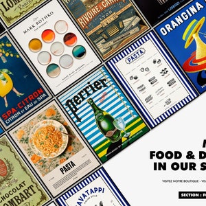 May include: A collage of vintage-style posters featuring food and drink products. The posters are arranged in a grid pattern and feature a variety of colours and designs. Some of the products featured include pasta, chocolate, orange juice, and sparkling water. The text on the posters includes the names of the products, as well as the brands and slogans. The posters are all framed in black and have a white background.