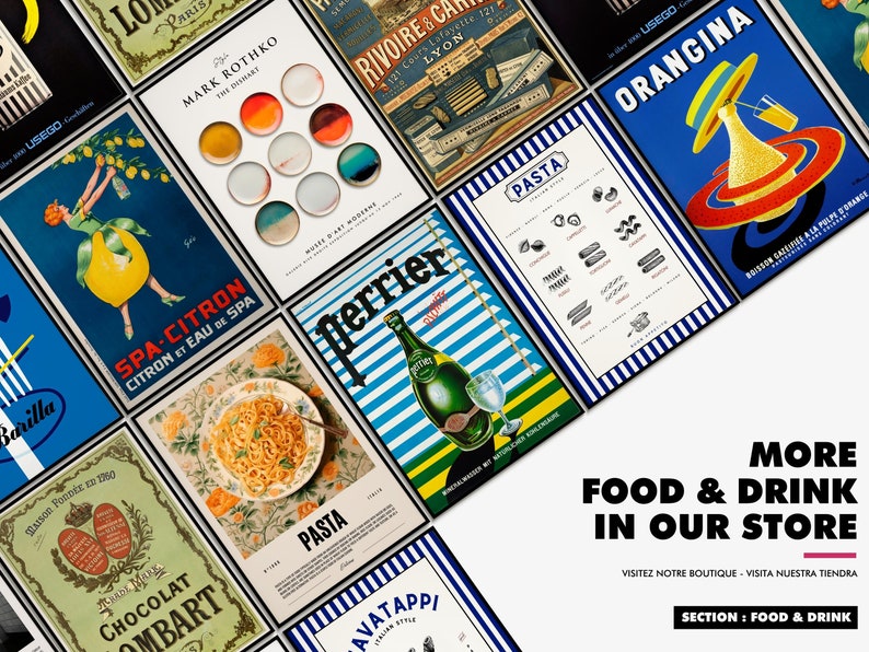 May include: A collage of vintage-style posters featuring food and drink products. The posters are arranged in a grid pattern and feature a variety of colours and designs. Some of the products featured include pasta, chocolate, orange juice, and sparkling water. The text on the posters includes the names of the products, as well as the brands and slogans. The posters are all framed in black and have a white background.