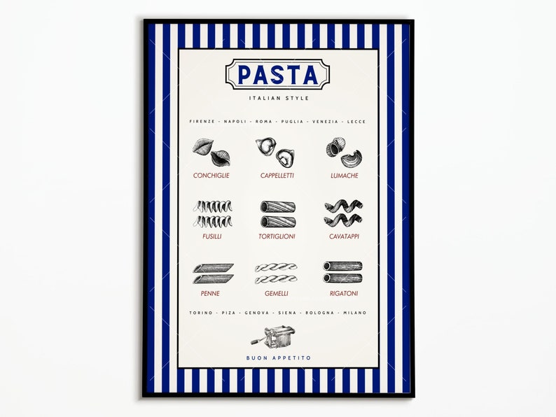 May include: A white poster with blue and white stripes on the sides. The poster has a title that says "PASTA ITALIAN STYLE" and lists different types of pasta with their names and the city they are from. The poster also has the text "BUON APPETITO".