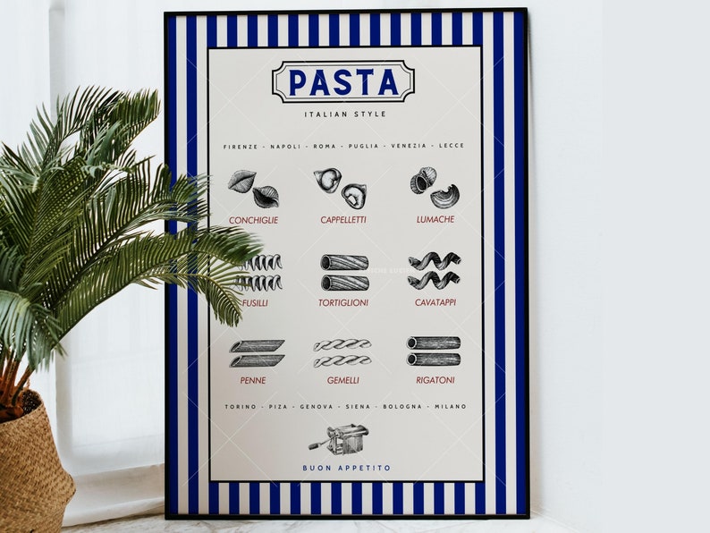 May include: A white poster with blue stripes on the sides. The poster has a black and white illustration of different types of pasta with their Italian names. The poster has the title "PASTA ITALIAN STYLE" and the text "BUON APPETITO".