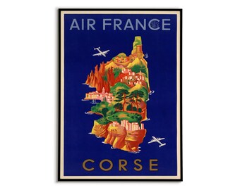 Pode incluir: Um cartaz de viagem vintage que anuncia voos da Air France para a Córsega. O cartaz apresenta um mapa estilizado da ilha com um fundo azul e uma inscrição dourada que diz "AIR FRANCE" e "CORSE".
