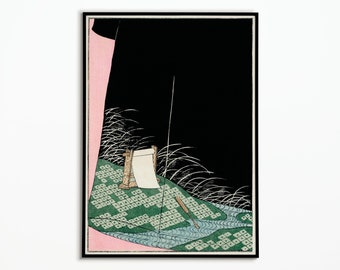 May include: A black and white woodblock print of a Japanese woman wearing a black kimono with a pink undergarment. The woman is standing in a field of green grass with a white scroll on a wooden stand.