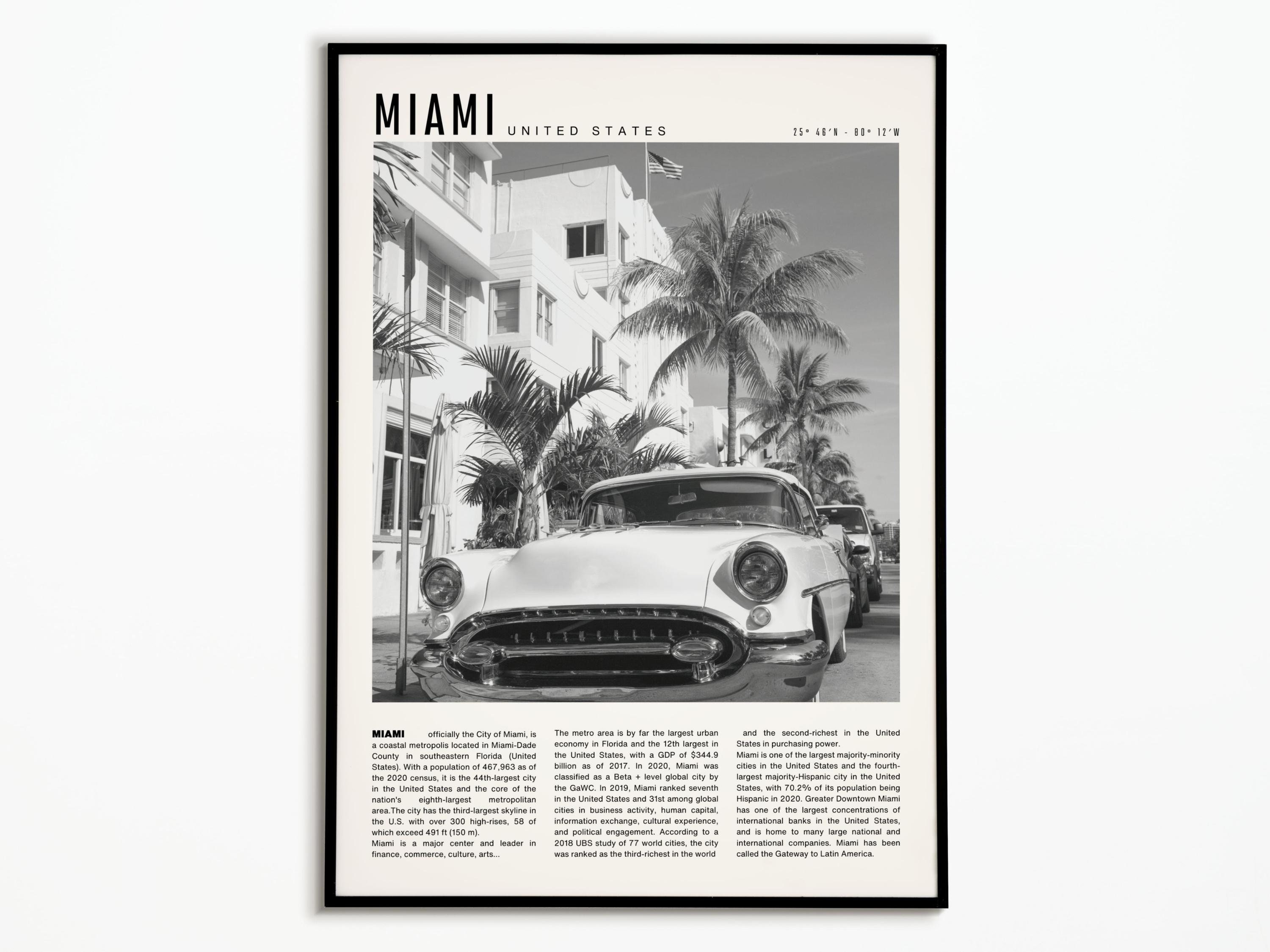 Affiche Vintage Miami | Affiche Palm Beach Floride Noir et Blanc Idée Cadeau Décoration Beach Poster