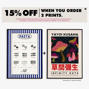 May include: Two framed prints, one with a black and white illustration of different types of pasta with the text "PASTA ITALIAN STYLE" and the other with a colourful illustration of mushrooms with the text "YAYOI KUSAMA INFINITY DOTS 草間彌生" and "FORRESTER MUSEUM OF CONTEMPORARY ART, THE SECOND COLLECTION".