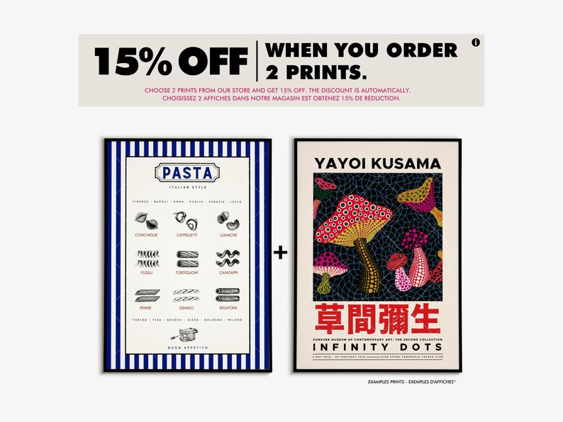 May include: Two framed prints, one with a black and white illustration of different types of pasta with the text "PASTA ITALIAN STYLE" and the other with a colourful illustration of mushrooms with the text "YAYOI KUSAMA INFINITY DOTS 草間彌生" and "FORRESTER MUSEUM OF CONTEMPORARY ART, THE SECOND COLLECTION".