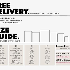 May include: Size guide for prints, showing different sizes in centimetres and inches. The sizes range from 5x7 inches to 16x24 inches. The guide also includes a postcard size of 4x6 inches. The text "Free Delivery" is at the top of the image.