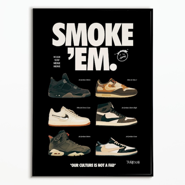 Vintage Travis Scott Sneakers Poster | Poster Sneakers collection Travis Scott | Decoration poster | Poster Art