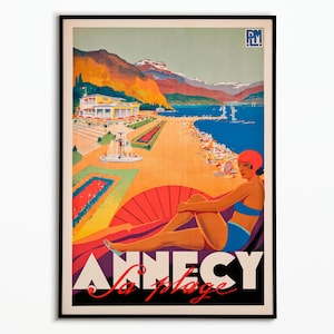 Vintage Poster Annecy- Vintage Poster Beach 1935 - Travel Poster Annecy - Decoración de pósters