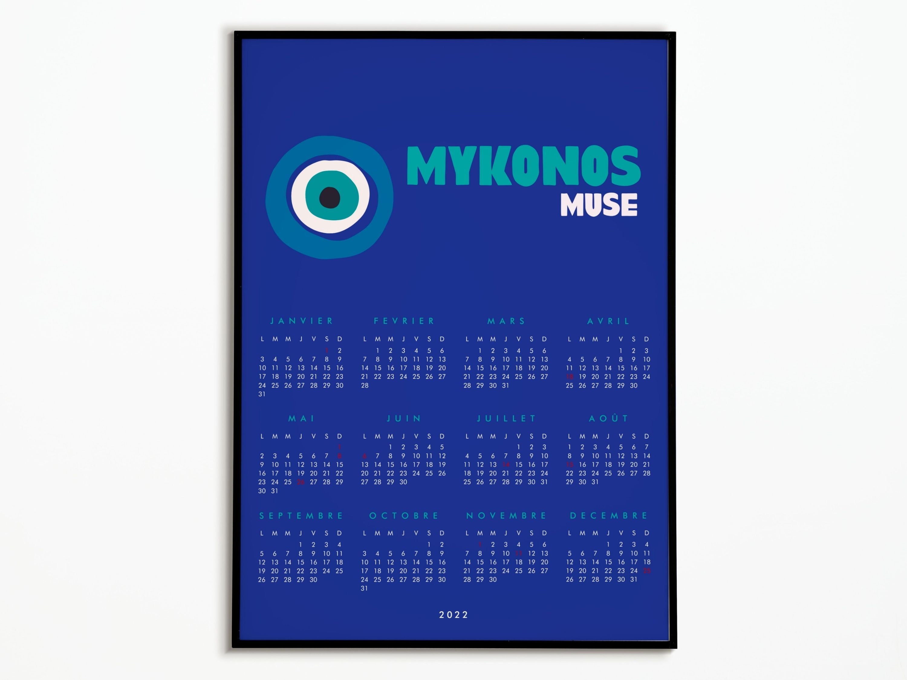 Affiche Mykonos Grèce Calendrier 2022 | Décoration Murale Poster Calendar