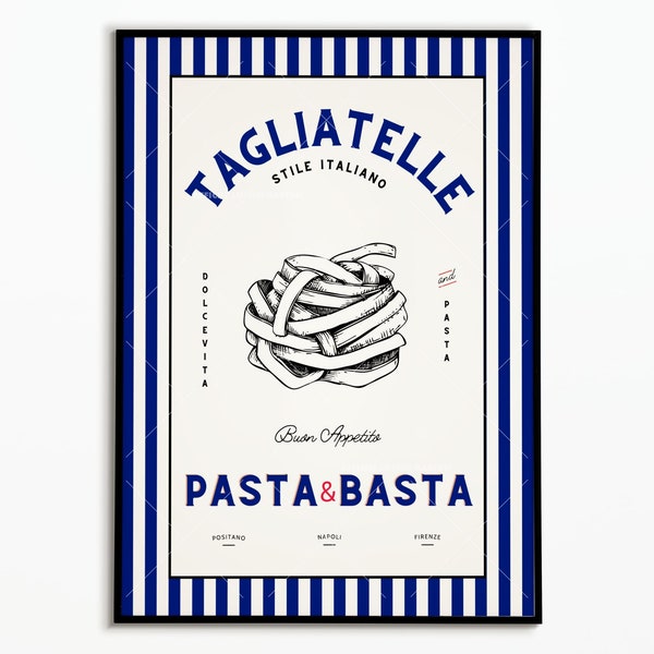 Affiche Vintage Pâtes Italiennes - Affiche Cuisine - Affiche Pâtes Tagliatelle - Vintage Pasta Poster - Décoration murale