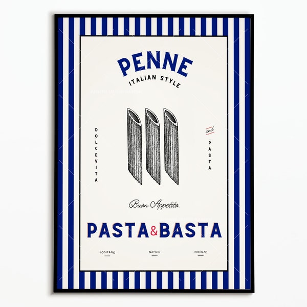 Affiche Vintage Pâtes Italiennes - Affiche Cuisine - Affiche Pâtes Penne - Vintage Pasta Poster - Affiche décoration murale