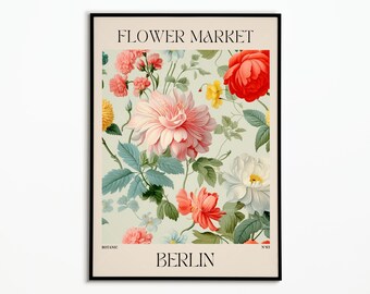 May include: A vintage poster with a floral pattern featuring pink, red, white, and yellow flowers. The poster has the text "FLOWER MARKET", "BOTANIC", "BERLIN", and "N°51" printed on it.