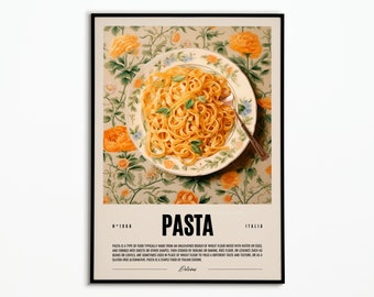 Könnte beinhalten: Ein Vintage-Poster mit einem gelben und weißen floralen Hintergrund. Das Poster zeigt einen Teller Pasta mit Basilikum darauf. Der Text auf dem Poster lautet "N-1966 PASTA ITALIA".