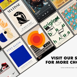 Op de afbeelding: Een collage van kleurrijke posters met verschillende ontwerpen, waaronder abstracte vormen, een bloemenmarkt-sc&egrave;ne, een stoel en een stadsbeeld. De posters zijn zwart ingelijst en hebben witte tekst erop. De tekst bevat de woorden "Matisse", "Yves Klein", "Original", "Proche", "Bloemenmarkt" en "Paris".