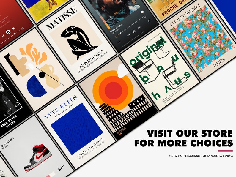 Op de afbeelding: Een collage van kleurrijke posters met verschillende ontwerpen, waaronder abstracte vormen, een bloemenmarkt-sc&egrave;ne, een stoel en een stadsbeeld. De posters zijn zwart ingelijst en hebben witte tekst erop. De tekst bevat de woorden "Matisse", "Yves Klein", "Original", "Proche", "Bloemenmarkt" en "Paris".
