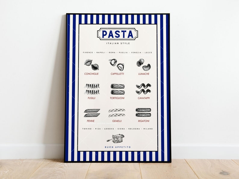 May include: A white poster with blue and white stripes on the sides. The poster has a black frame and features a graphic of different types of pasta with their Italian names. The poster also includes the text "PASTA ITALIAN STYLE" and "BUON APPETITO".