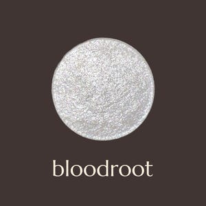 Puede incluir: Un objeto circular plateado y brillante con una textura brillante, sobre un fondo marrón oscuro. La palabra "bloodroot" está impresa en marrón claro debajo.
