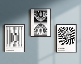 Victor Vasarely Print, Optical Illusion Art, Black and White Poster, Gallery Wall Art Set.