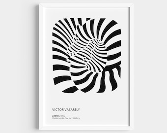 Victor Vasarely Print, Optische Täuschung, Schwarzweißes Bauhaus Poster.