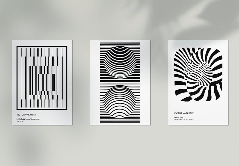 Victor Vasarely Op Art Poster Set of 3, Black White Optical Illusion (Digital Download) image 2