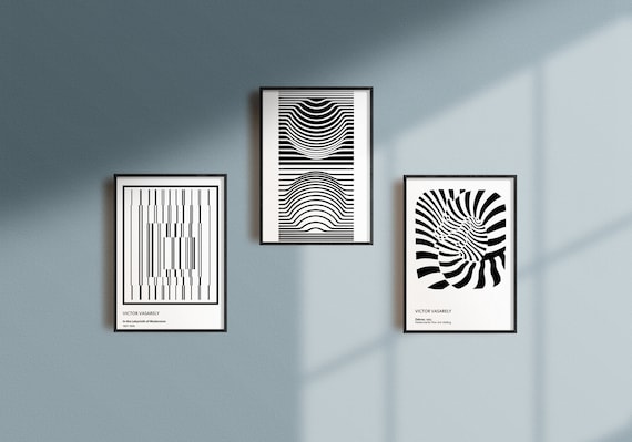 Victor Vasarely Print, Optical Illusion Art, Black and White Poster, Gallery Wall Art Set.