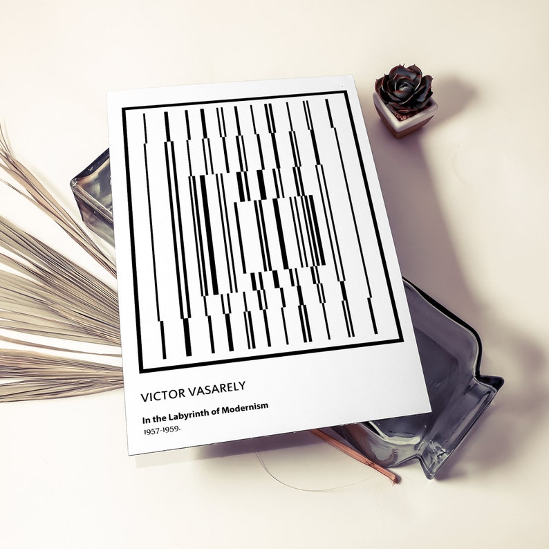 May include: Black and white geometric art print featuring a repeating pattern of vertical lines. The print is titled "Victor Vasarely, In the Labyrinth of Modernism, 1957-1959."