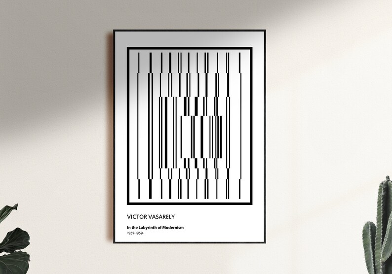 May include: Black and white geometric art print featuring a pattern of vertical lines. The print is framed in black and includes the text "VICTOR VASARELY" and "In the Labyrinth of Modernism 1963-1964."