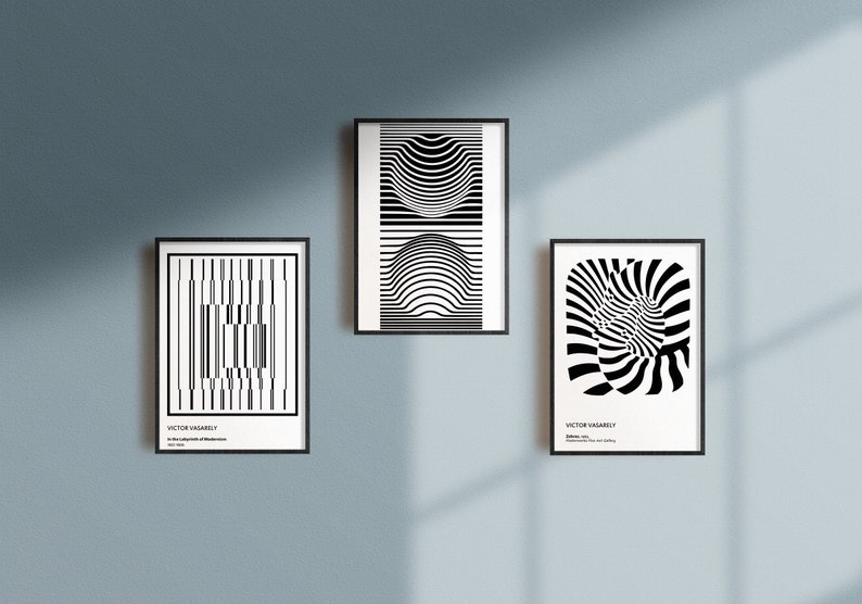 May include: Three black and white framed prints with geometric designs. The top print features a series of concentric circles. The left print features a series of vertical lines. The right print features a swirling pattern.