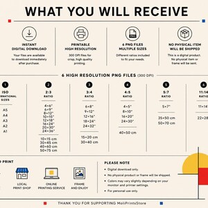 May include: An informational graphic titled WHAT YOU WILL RECEIVE detailing a digital download product. It lists six high-resolution PNG files in various ratios including ISO, 2:3, 3:4, 4:5, 5:7, and 11:14 with specific dimensions in inches and centimeters.