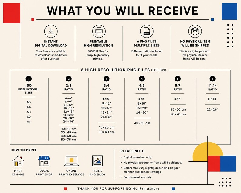 May include: An informational graphic titled WHAT YOU WILL RECEIVE detailing a digital download product. It lists six high-resolution PNG files in various ratios including ISO, 2:3, 3:4, 4:5, 5:7, and 11:14 with specific dimensions in inches and centimeters.