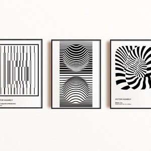 Victor Vasarely Op Art Poster Set of 3, Black White Optical Illusion (Digital Download) image 3