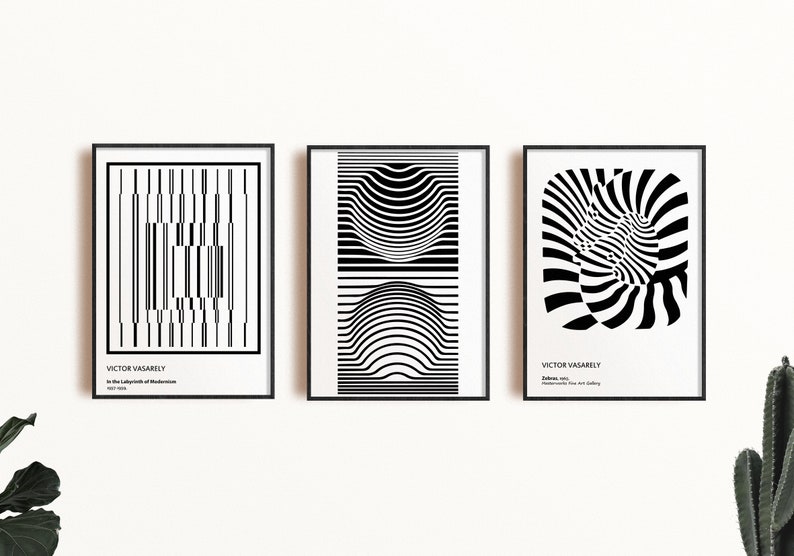 Victor Vasarely Op Art Poster Set of 3, Black White Optical Illusion (Digital Download) image 3