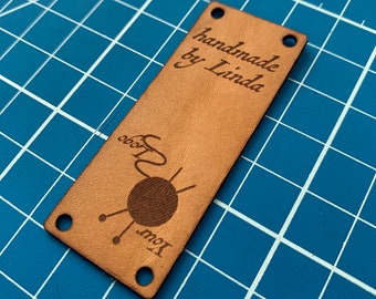 Custom Personalized Leather Labels - Fold-Over Tags for Knitting, Quilting, Sewing, Weaving, Handmade goods, your logo, made by tag