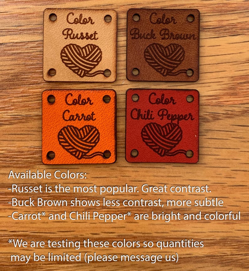 May include: Four leather squares with different colors and a heart-shaped yarn ball design. The colors are Russet, Buck Brown, Carrot, and Chili Pepper. The text "Color" is above each yarn ball design.