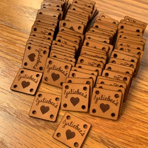 Custom Personalized Leather Labels Square Tags for Knitting, Quilting, Sewing, Weaving, Handmade goods, your logo, made by tag image 10