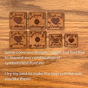 May include: Eight square leather tags with different designs and names. Each tag features a heart, yarn, knitting needles, and the text "handmade by" or "made with love".