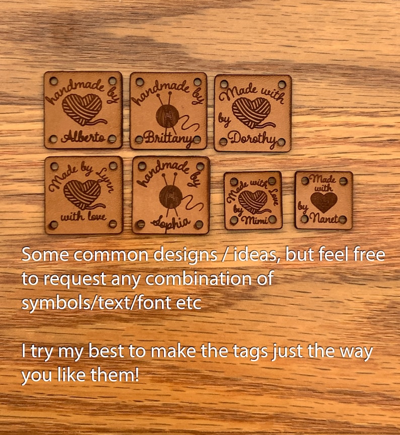 May include: Eight square leather tags with different designs and names. Each tag features a heart, yarn, knitting needles, and the text "handmade by" or "made with love".