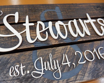 Family Name Sign - Solid Wood with Laser Cut Letters, Made from Reclaimed Pallet Wood, Customized with your Last Name and Date of Choice