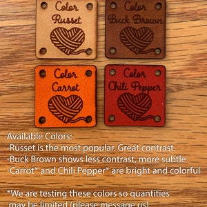Custom Personalized Leather Labels Square Tags for Knitting, Quilting, Sewing, Weaving, Handmade goods, your logo, made by tag image 3